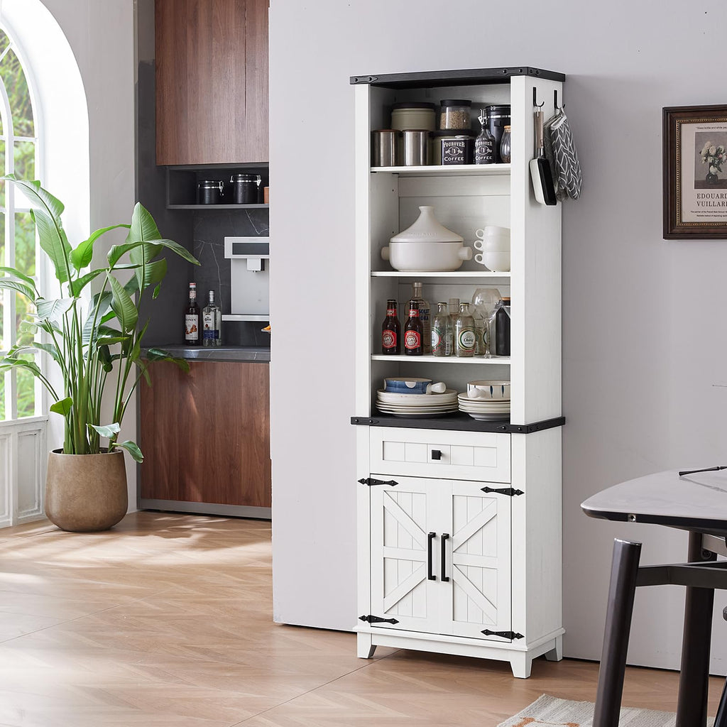 White tall bookcase with black top trim, glassware on open shelves, and cabinet doors