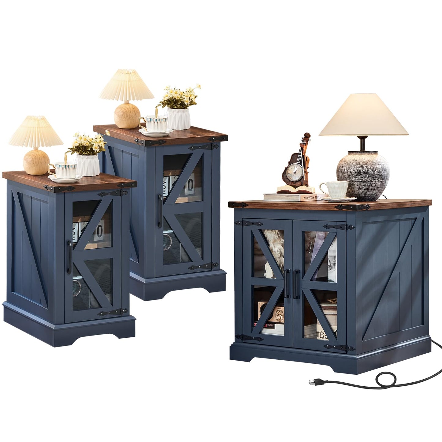 Navy blue end table set with cabinet doors and open shelves, tablet and lamp on top