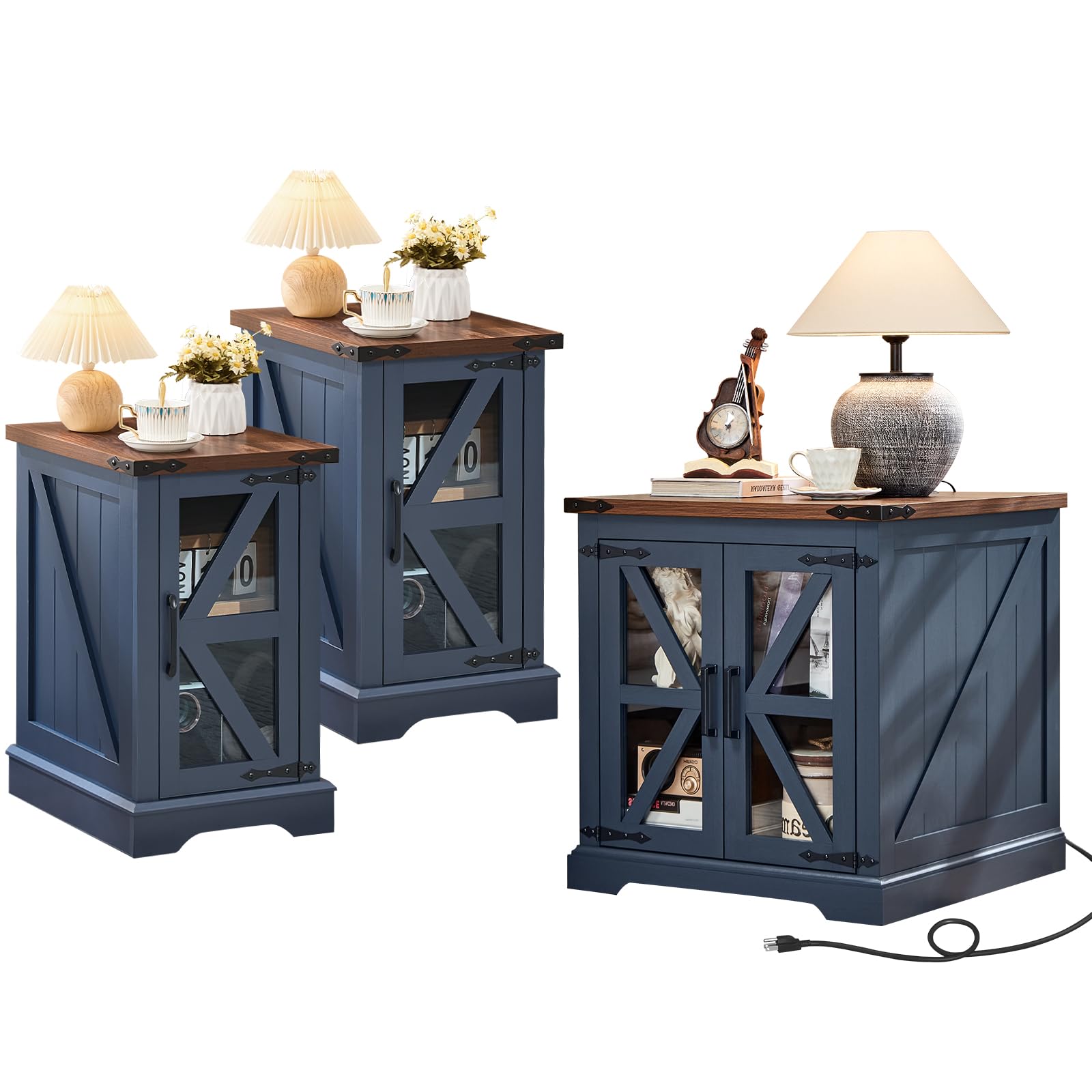 End Tables Living Room Set 2, 18'' Night Stand and 24" Square Side Table with Charger Station, Wood Furniture Sets, Nightstand Bedside End Table for Bedroom