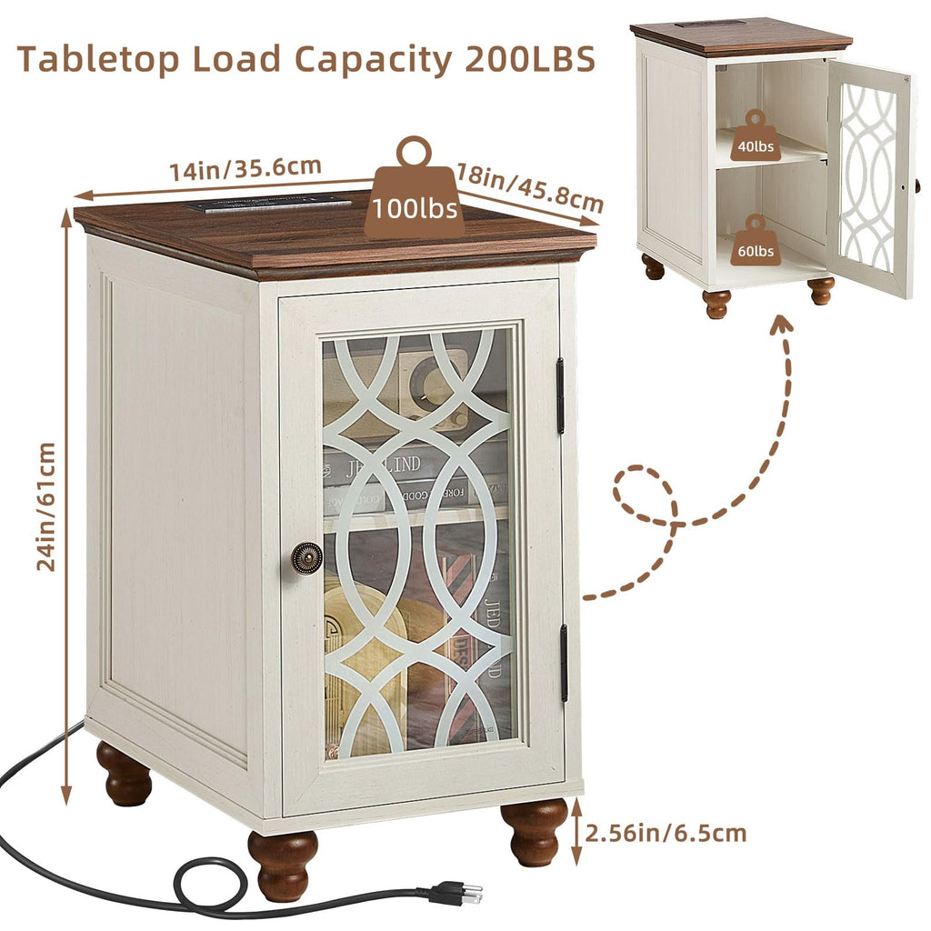 White narrow end table with lattice glass door, four turned legs, and visible power cord.