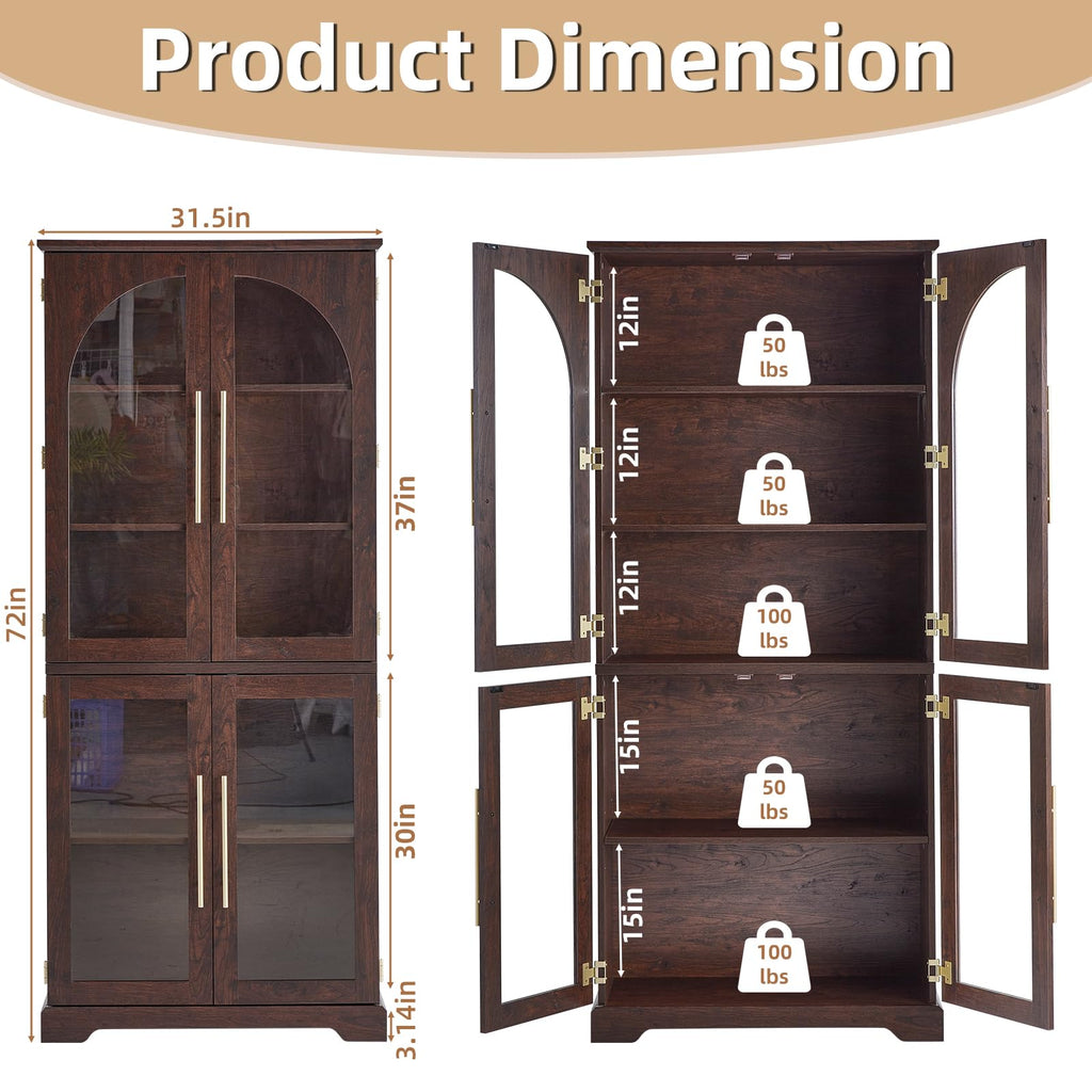 Walnut tall bookshelf dimension view with open doors, adjustable shelves, and weight rating labels