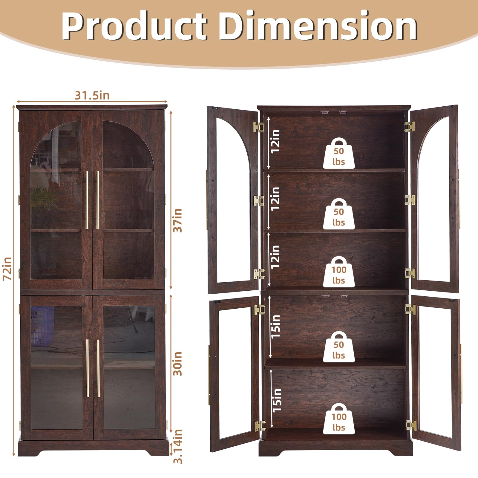 Walnut tall bookshelf dimension view with open doors, adjustable shelves, and weight rating labels