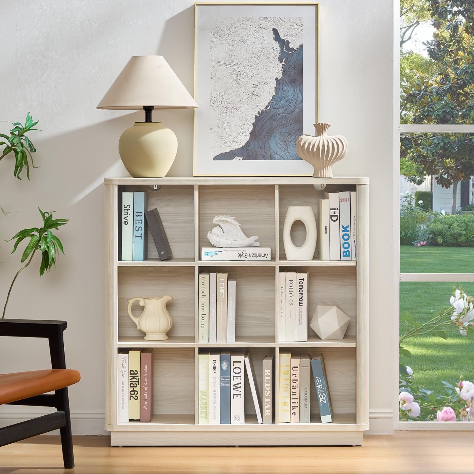 8 Cube Storage Book Shelf, 52" Long Horizontal Bookshelf with Curved Edge, Floor Standing Wooden Cubby Bookcase with Base, Modern Low Console Book Case, TV Stand for Living Room, Natural Oak