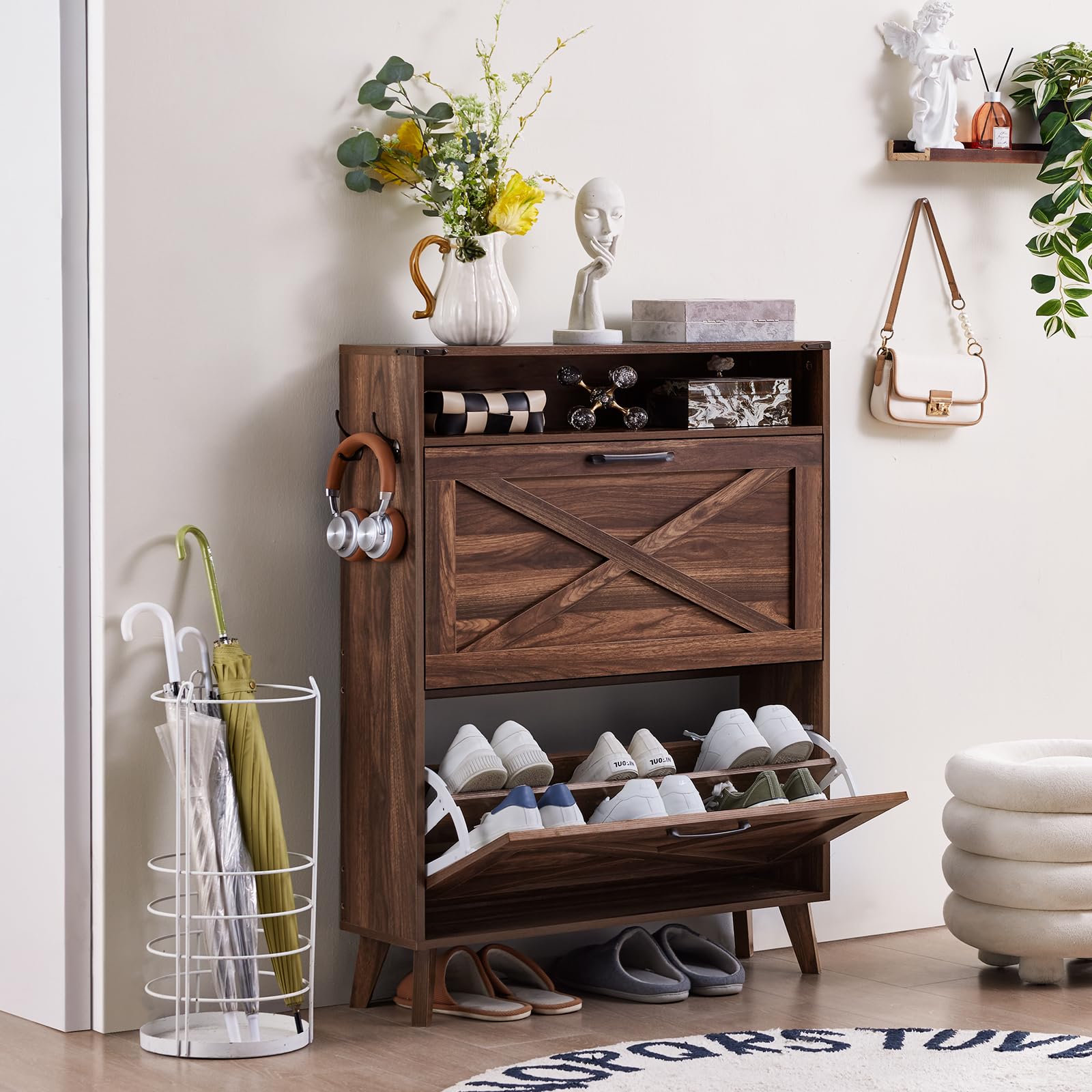 Shoe storage cabinet with flip drawer and open shelves, brown wood with X panel design