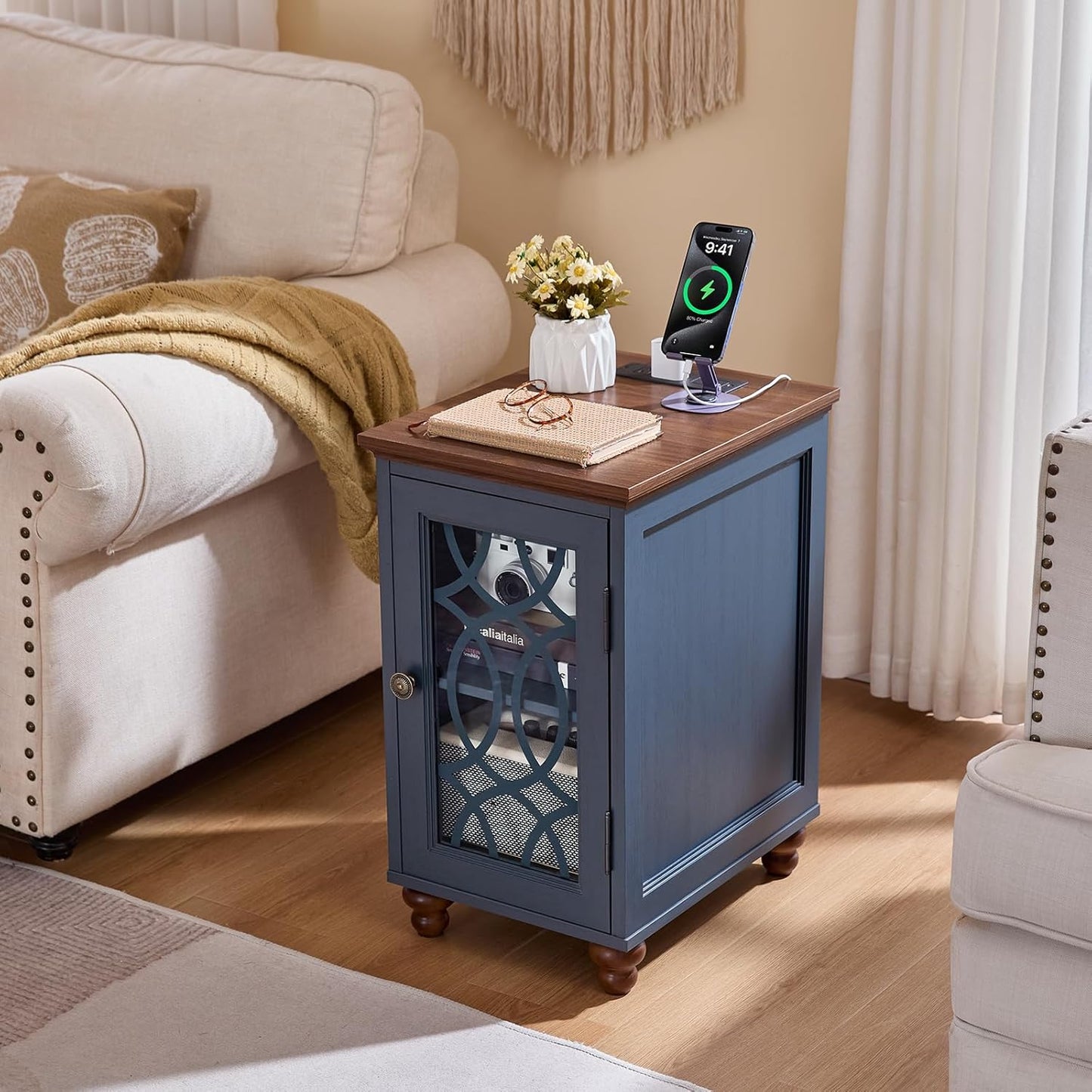 Narrow Side Table with Charging Station, Night Stand with Glass Door, Bedside End Tables with Adjustable Shelf Storage Cabinet,Wood Nightstand for Small Spaces Living Room Bedroom