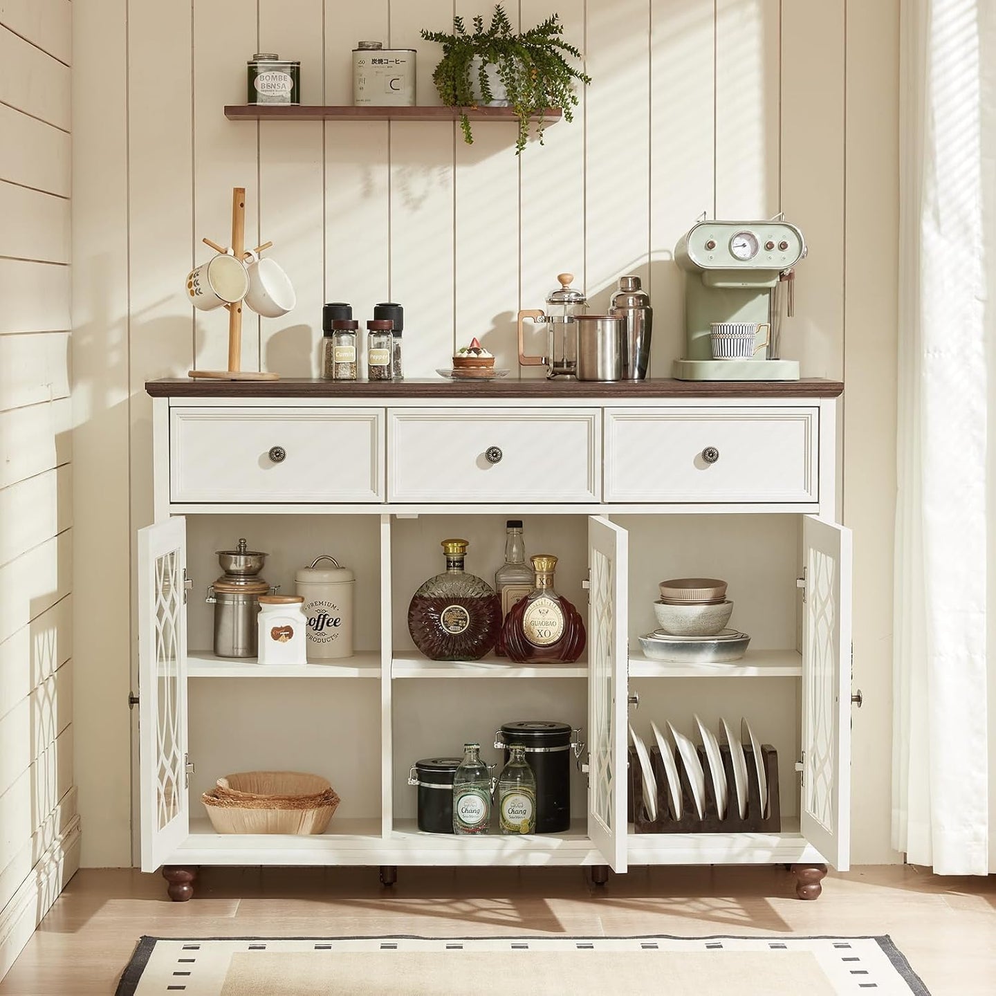 White farmhouse sideboard buffet cabinet with open shelf storage and paneled doors