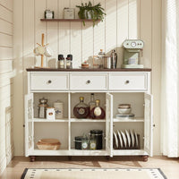White farmhouse sideboard buffet cabinet with open shelf storage and paneled doors