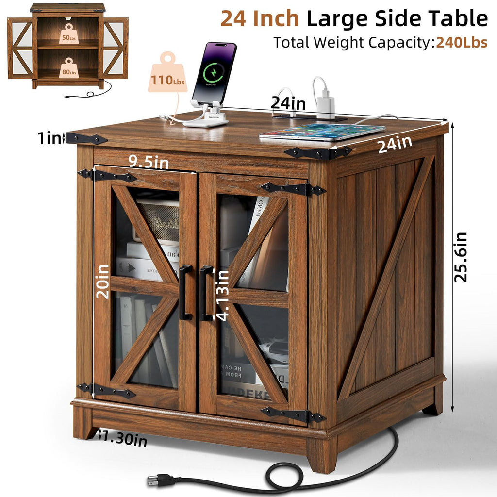 Brown wood farmhouse end table with black top, glass barn doors, and charging setup
