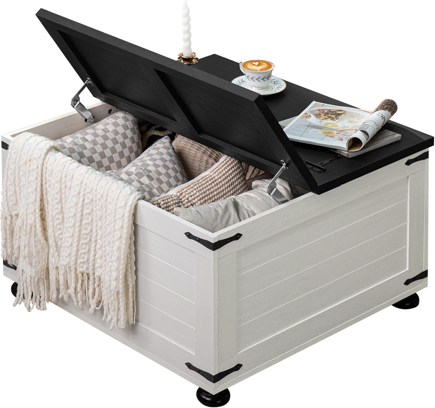 Farmhouse Coffee Table with Large Hidden Storage Compartment, Navy Blue Square Center Table, Wood Rustic Low Modern Living Room Tables with Hinged Lift Brown Top & Wooden Arc Base