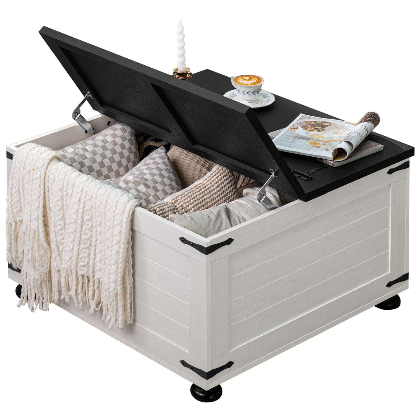 White farmhouse coffee table with open flip-top lid and hidden storage