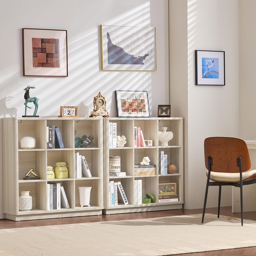 Light wood 8-cube storage book shelf with open cubbies and low console base