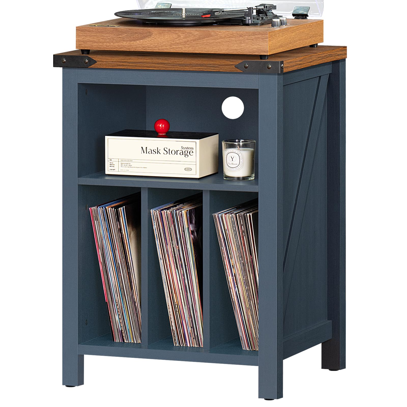 Record player stand with blue-gray cabinet and wood top; open display shelves