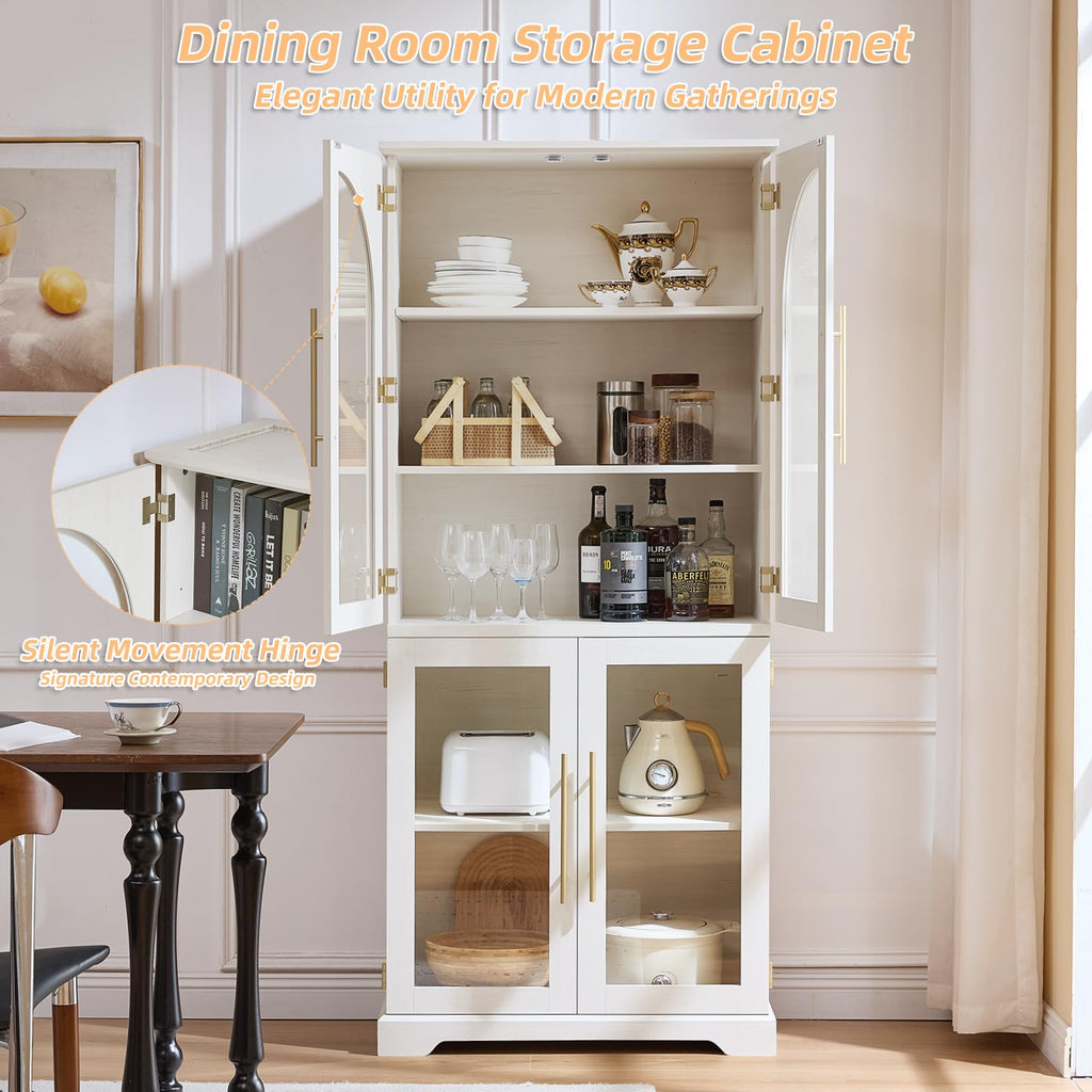 White tall display cabinet with curved glass doors and adjustable shelves, open for storage