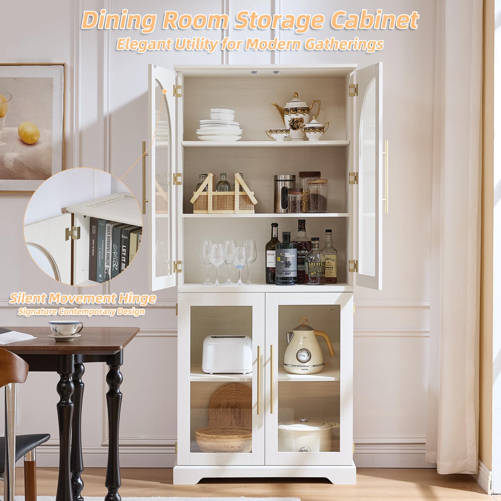 White tall display cabinet with curved glass doors and adjustable shelves, open for storage