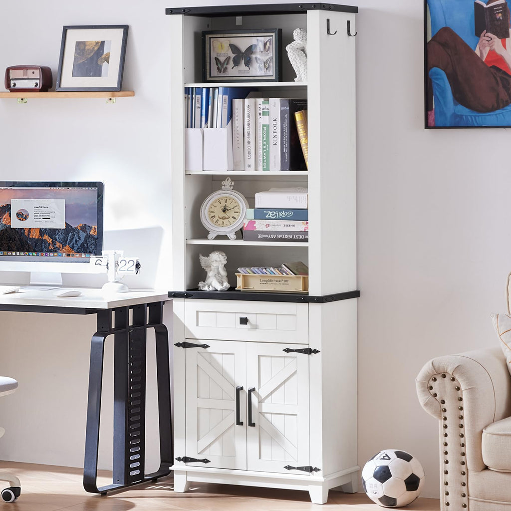 White bookcase with open top shelves and paneled cabinet doors with X-braced panels