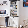White tall bookshelf with open shelves, lower drawer, and two cabinet door panels