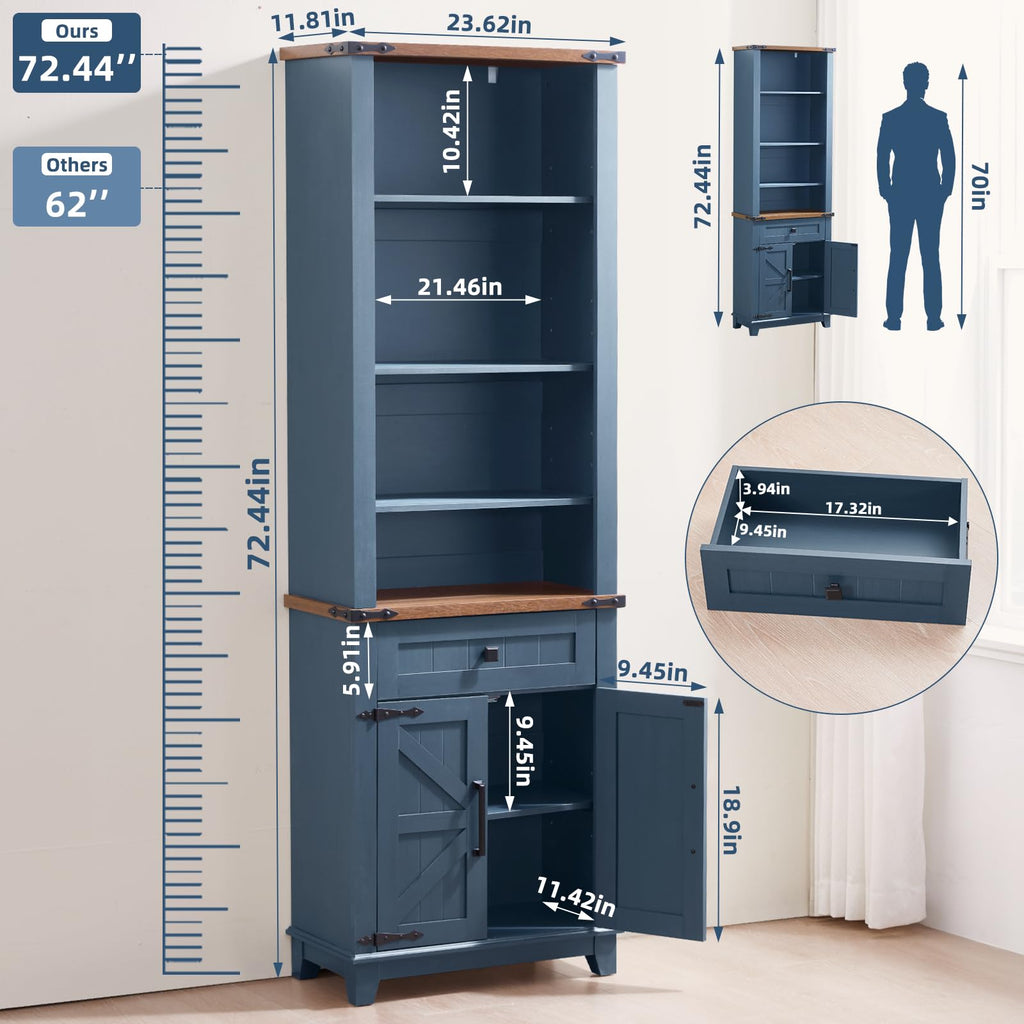 Tall dark blue bookcase with black top, adjustable shelves, and drawer with barn doors