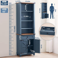 Blue 7-tier bookcase with open shelves, bottom drawer, and barn doors