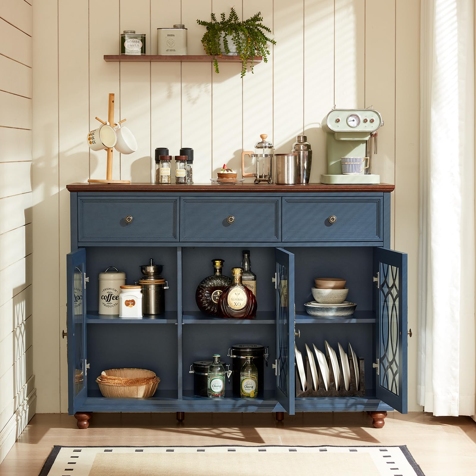 Blue farmhouse sideboard cabinet with open glass-door storage and drawer base