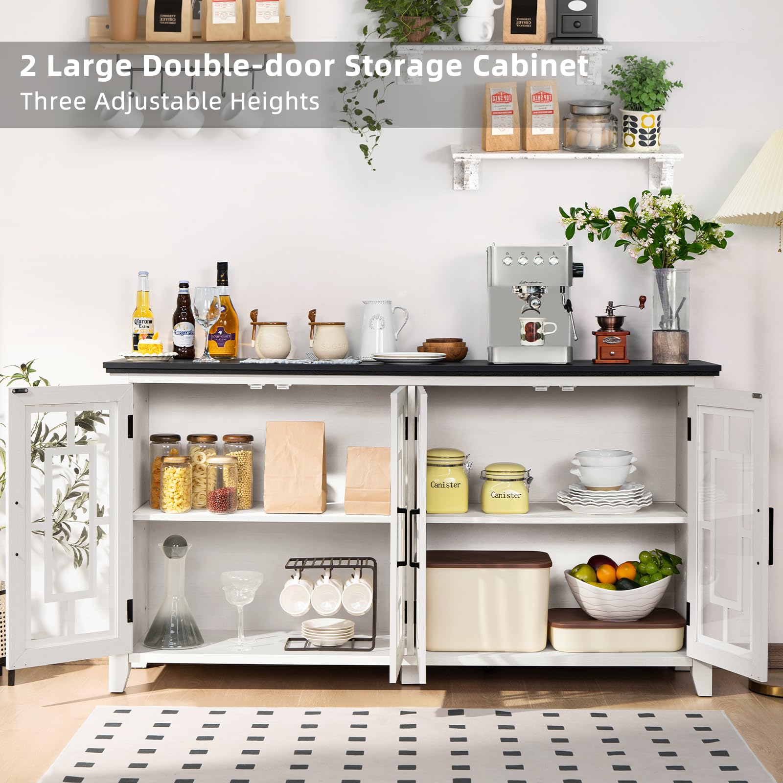 White sideboard buffet cabinet with two open compartments and adjustable shelves