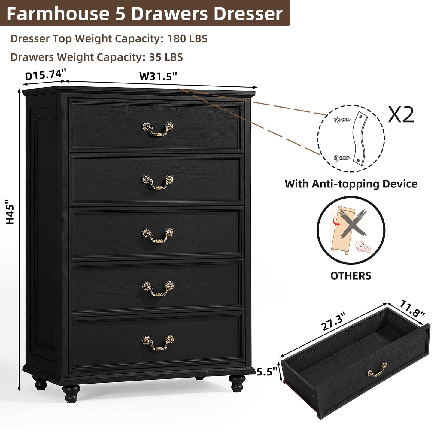 Black 5-drawer dresser with four legs and antique-style metal knobs, side drawer shown open.