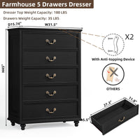 Black 5-drawer dresser with four legs and antique-style metal knobs, side drawer shown open.