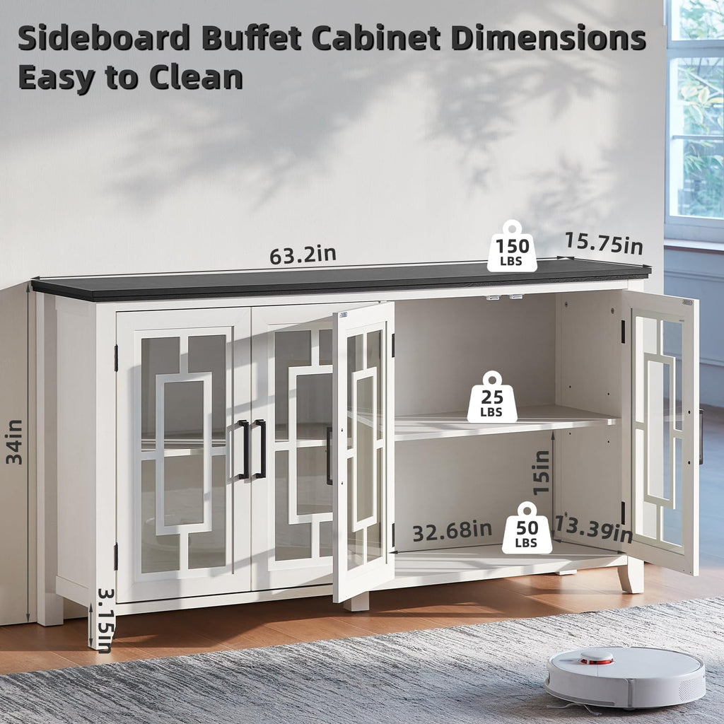 White sideboard buffet cabinet with two glass doors and adjustable interior shelves