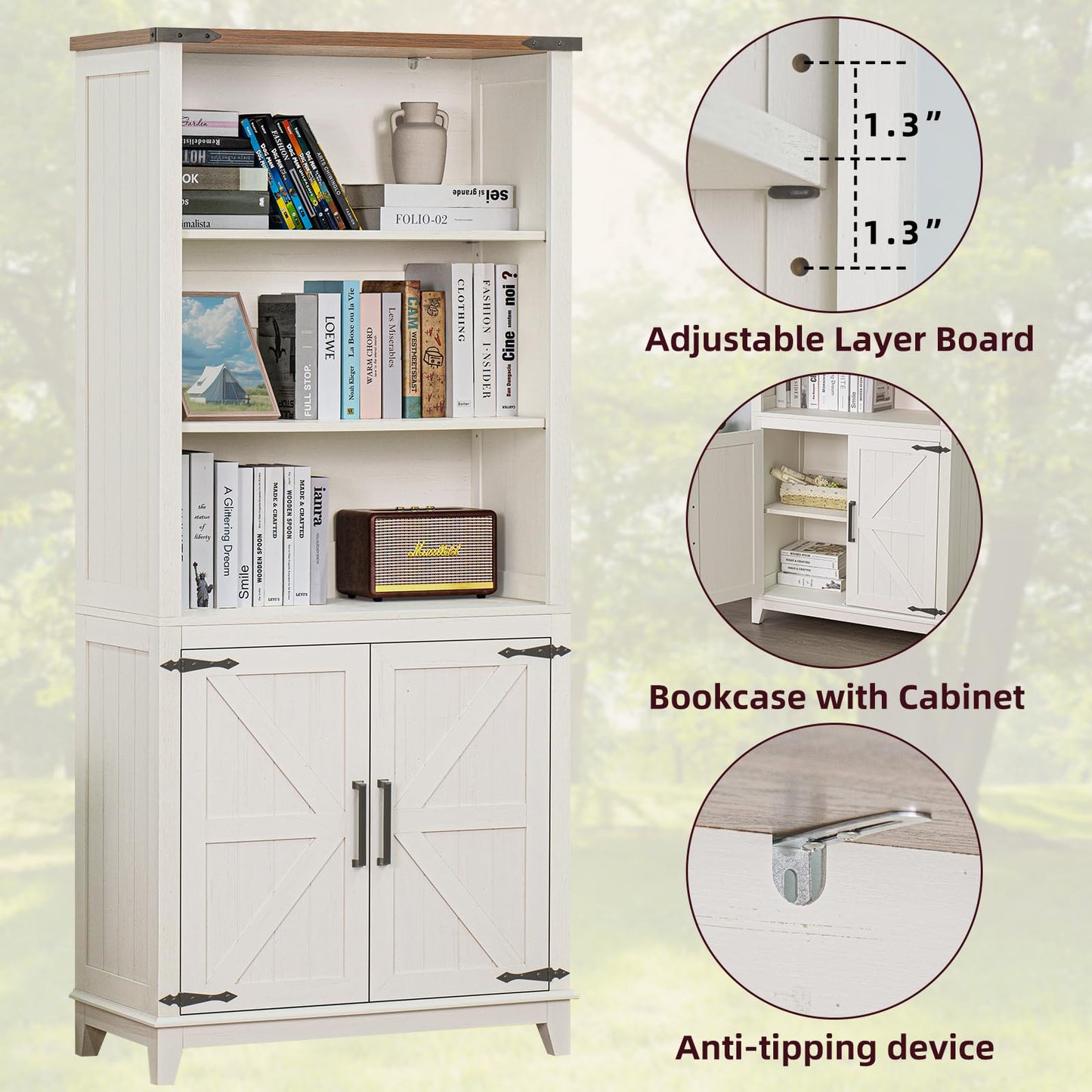 Joaxswe 70in Tall Bookshelf 5 Tier Bookcase with Barn Doors and Adjustable Shelves, Blue Farmhouse Book Shelf with Storage Cabinet, Wood Freestanding Display Bookshelves for Bedroom, Living Room
