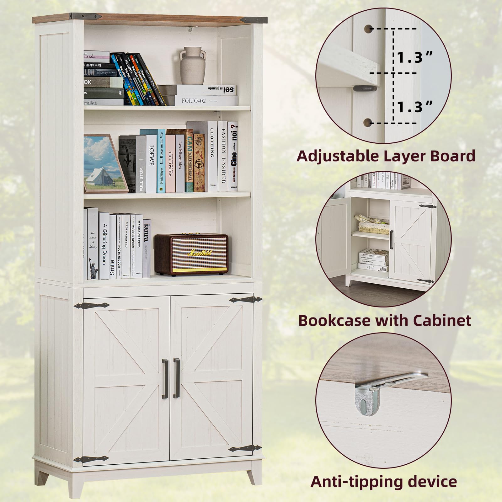 70in Tall Bookshelf 5 Tier Bookcase with Barn Doors and Adjustable Shelves, Blue Farmhouse Book Shelf with Storage Cabinet, Wood Freestanding Display Bookshelves for Bedroom, Living Room | Bookcase, Barn Doors, Adjustable Shelves, Book Shelf, Storage Cabi