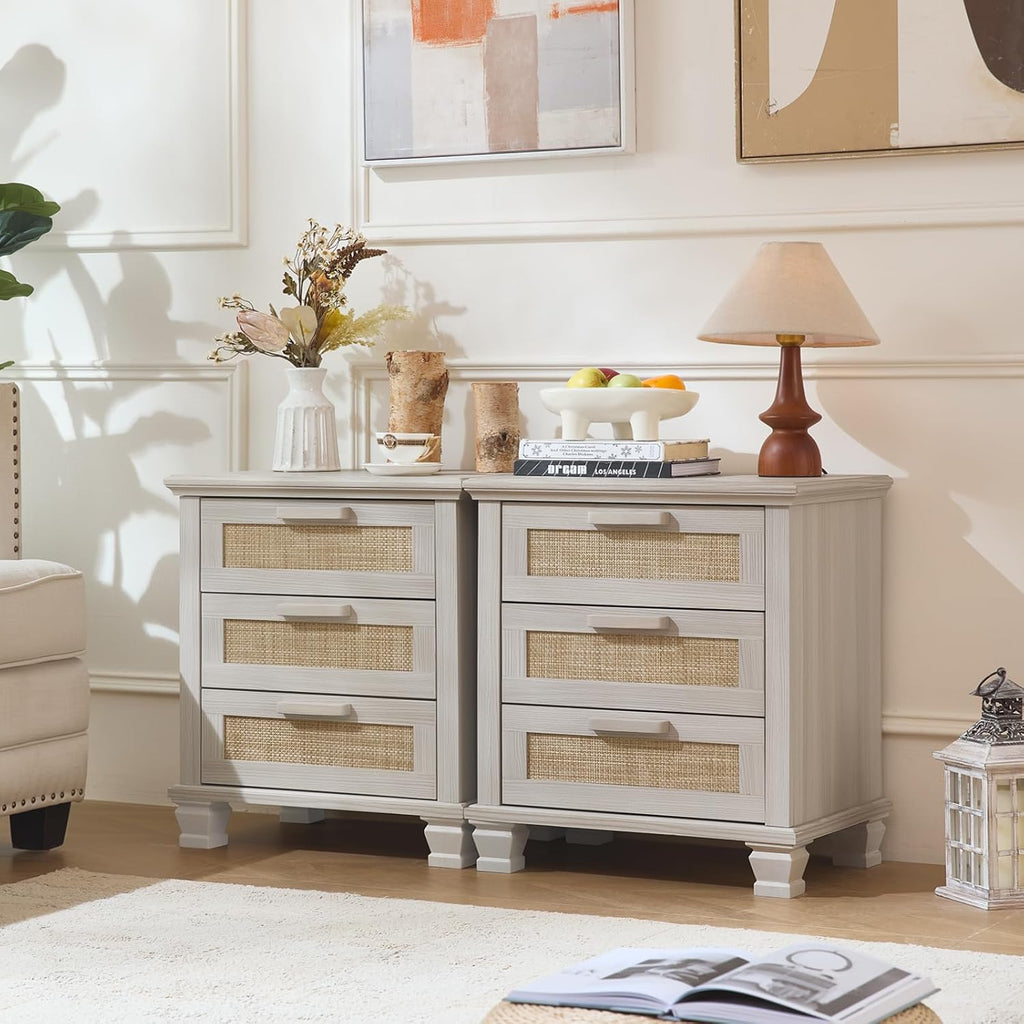 Set of 2 light grey nightstands with 3 drawers each and woven front panels