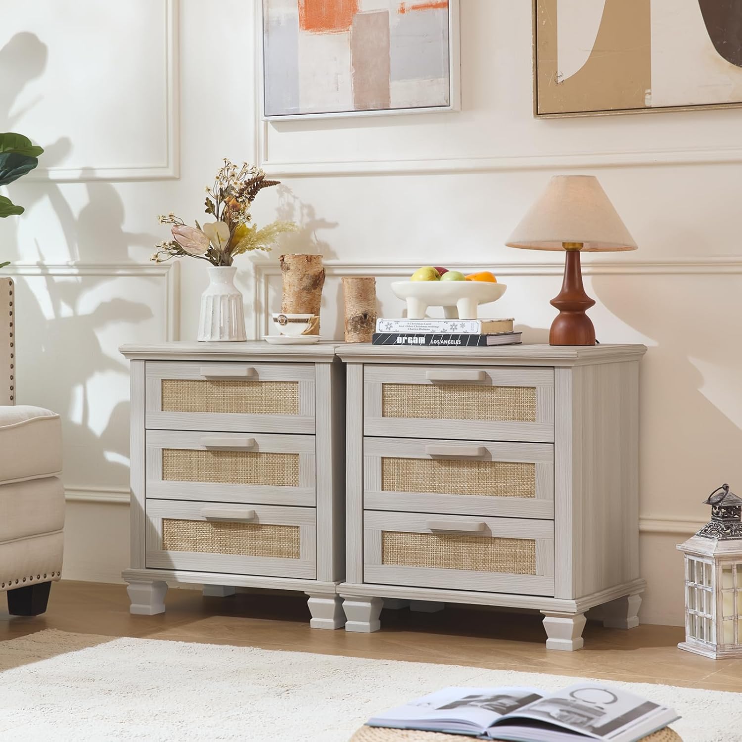 Set of 2 light grey nightstands with 3 drawers each and woven front panels