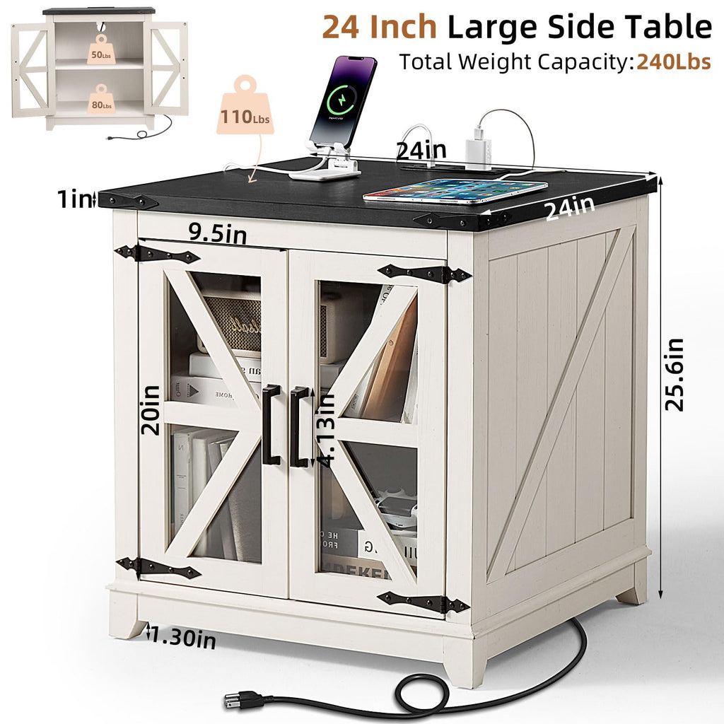 White farmhouse end table with black top, glass barn doors, and charging cables