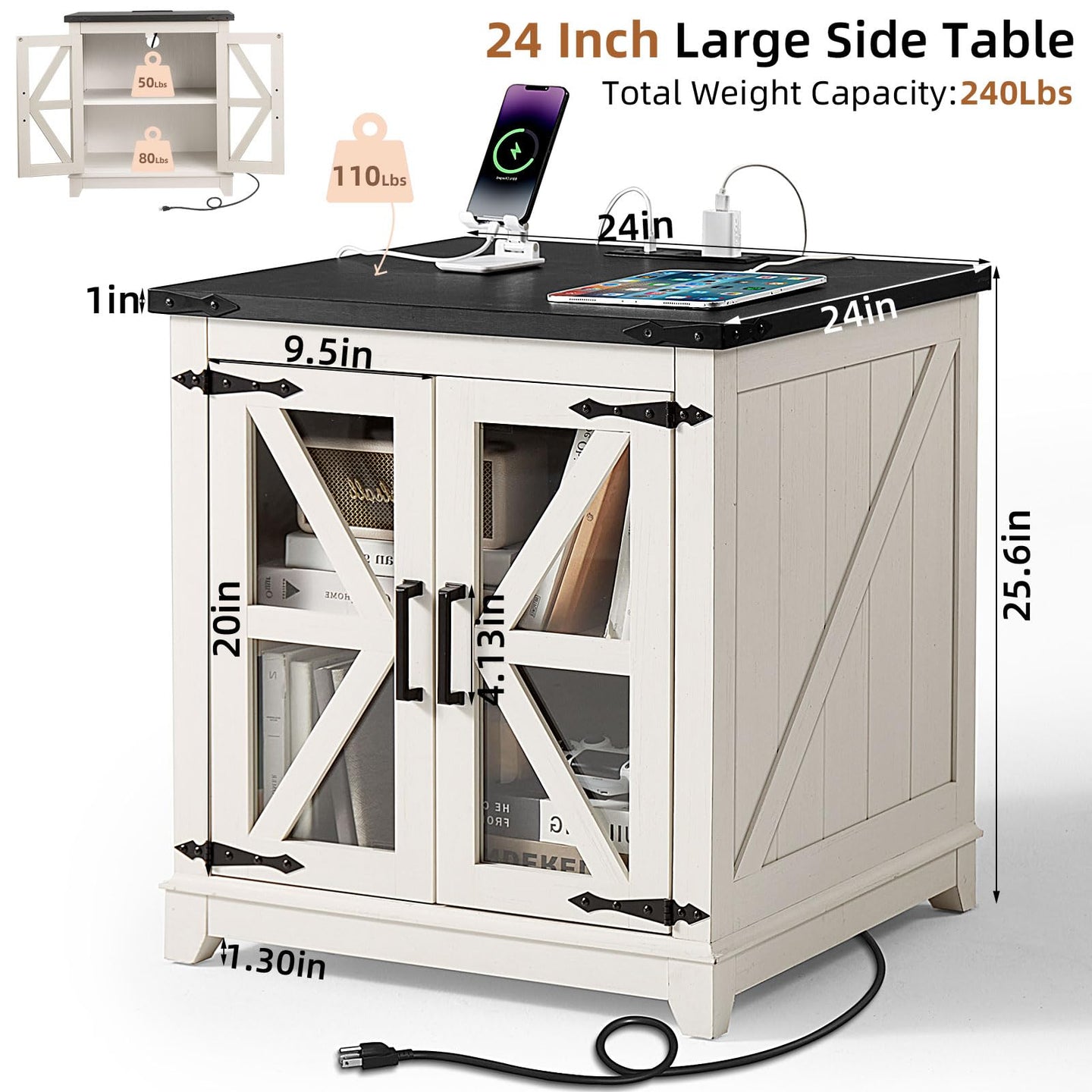 White farmhouse end table with black top, glass barn doors, and charging cables