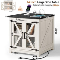 White farmhouse end table with black top, glass barn doors, and charging cables