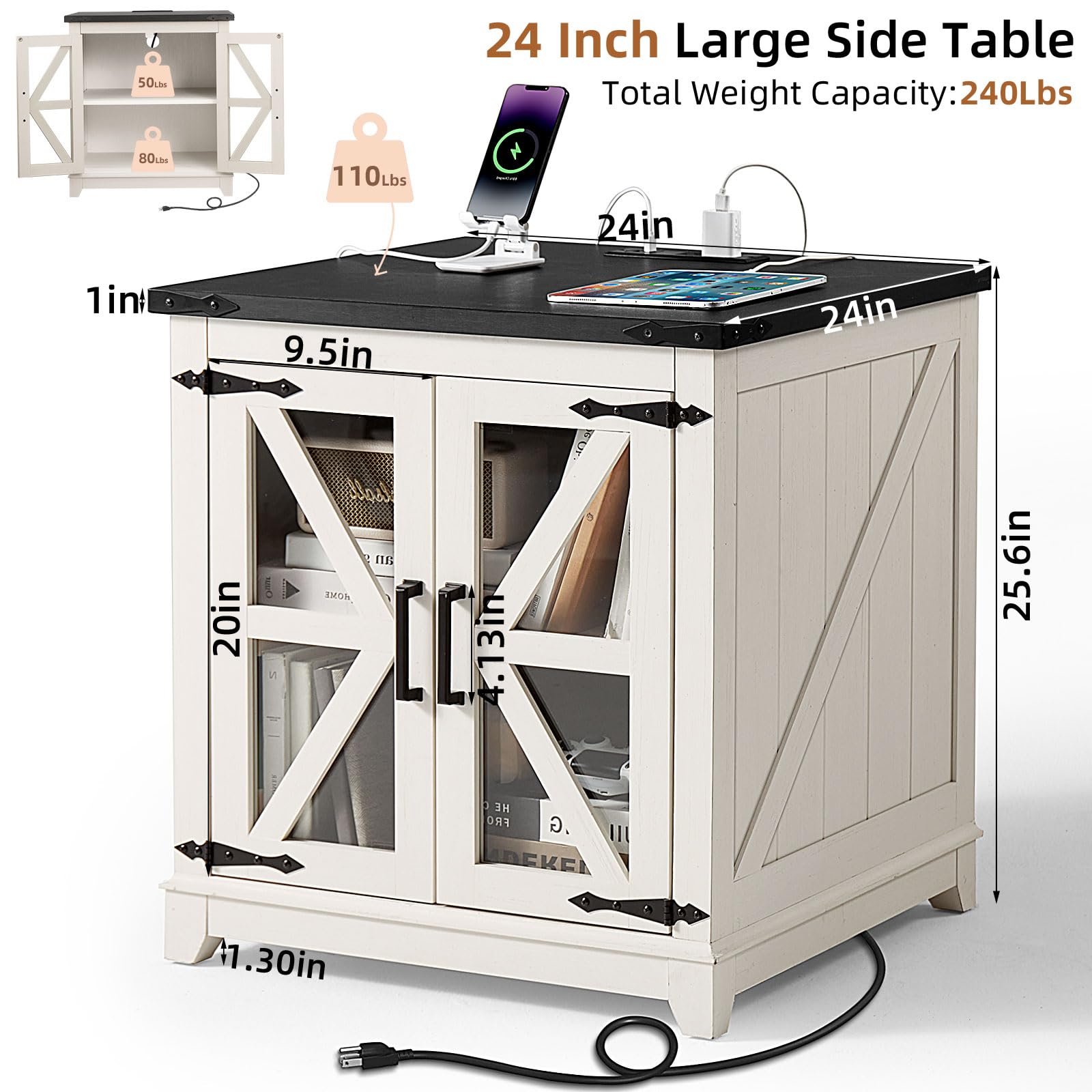 White farmhouse end table with black top, glass barn doors, and charging cables