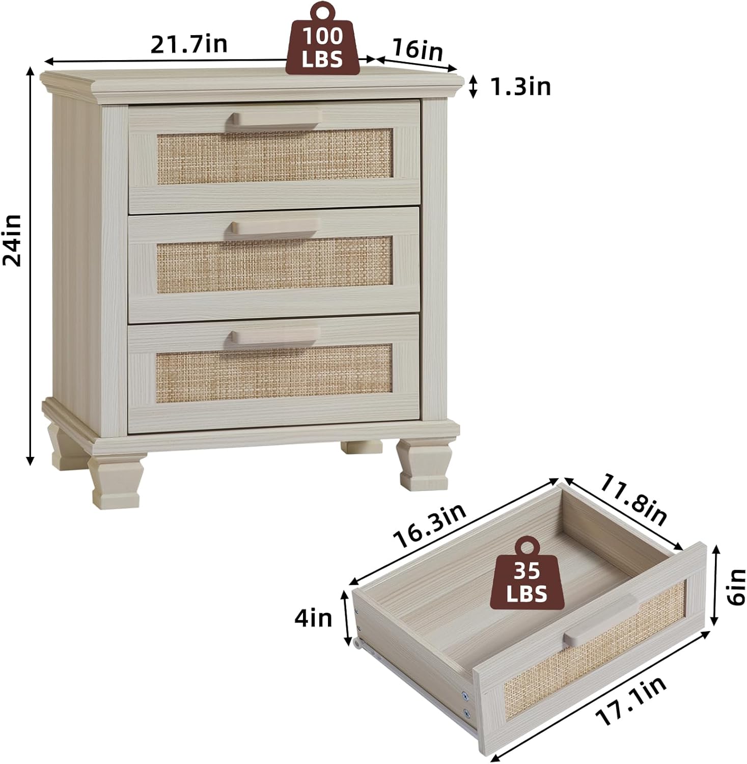 Wood nightstand with three drawers and woven fronts; dimensions shown in the image
