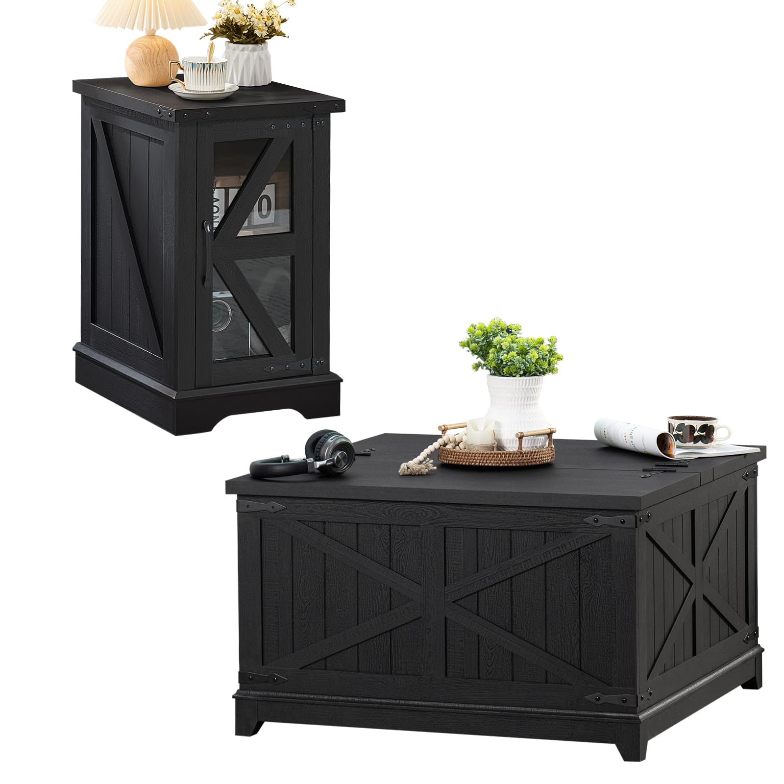 Farmhouse Coffee Table Sets 3 Pieces, Narrow Night Stand with Glass Barn Door Storage, Large Coffee Tables with Hidden Storage Organizer, Wood Furniture Sets for Living Room, Office, Blue