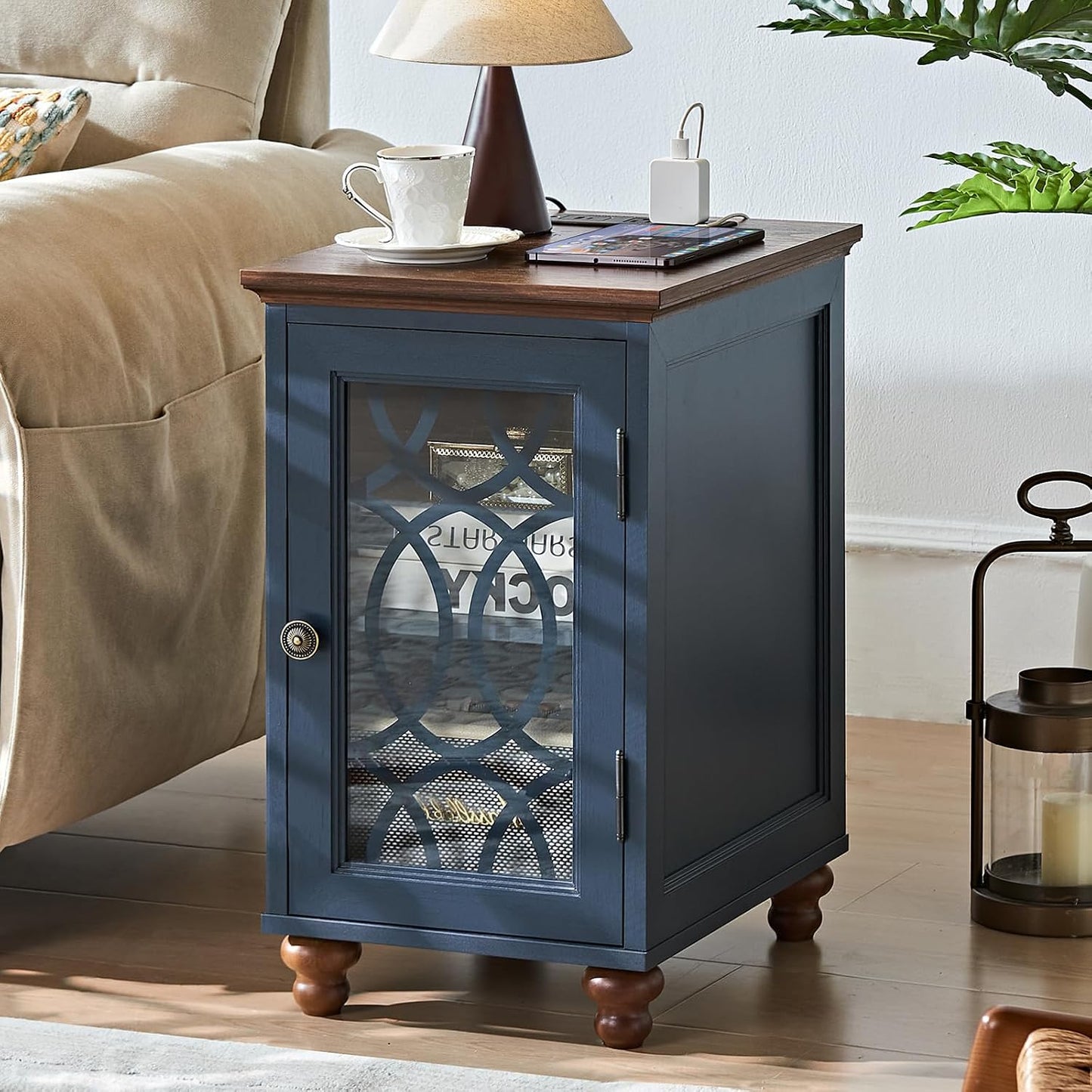 Joaxswe Farmhouse Fireplace TV Stand Sets 3,Side Table with Charger Station | 59" Fire Place TV Stands for Living Room, Entertainment Center Heater for TVs up to 65" with Open Shelves and Drawers, Blue
