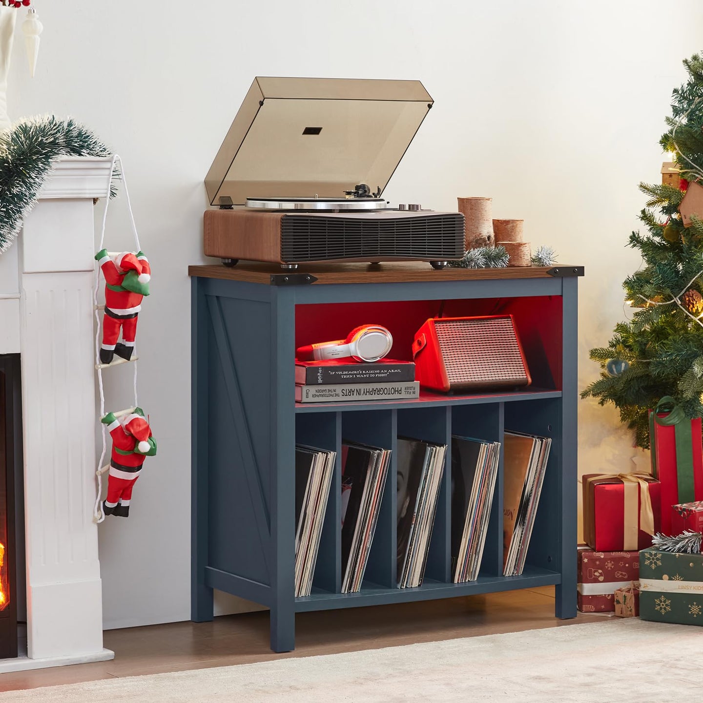 Black record player stand with red LED shelf and vinyl record storage cubbies