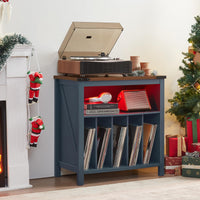 Black record player stand with red LED shelf and vinyl record storage cubbies