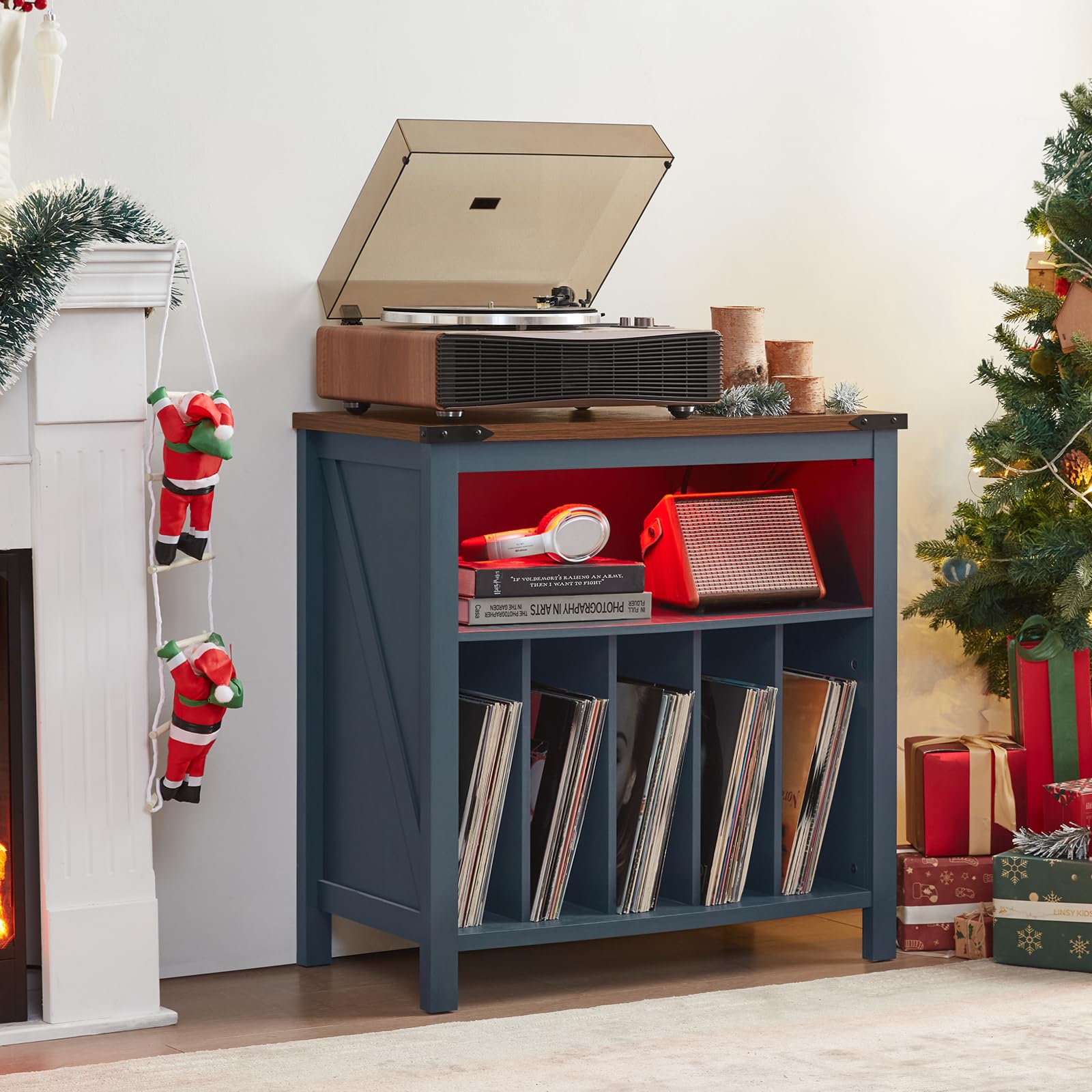 Brown record player stand with turntable on top and red LED-lit shelf window