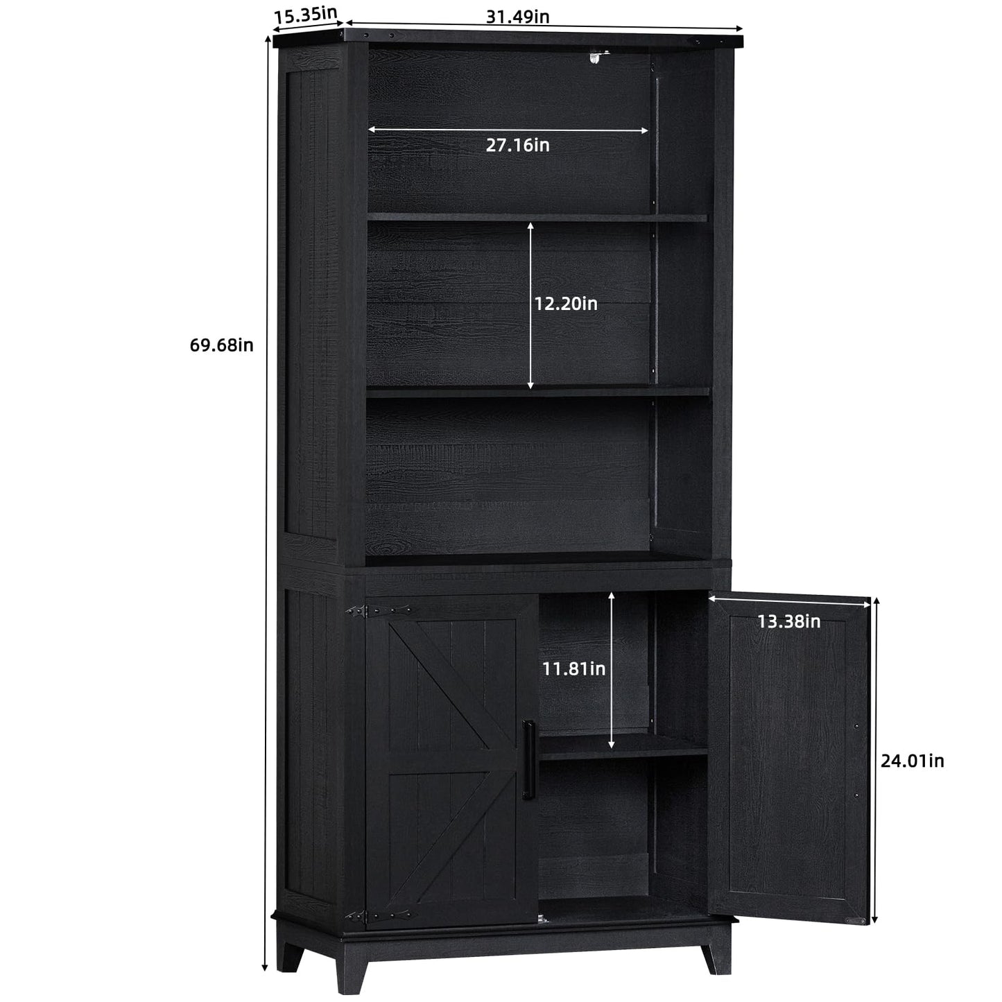 Joaxswe 70in Tall Bookshelf 5 Tier Bookcase with Barn Doors and Adjustable Shelves, Blue Farmhouse Book Shelf with Storage Cabinet, Wood Freestanding Display Bookshelves for Bedroom, Living Room