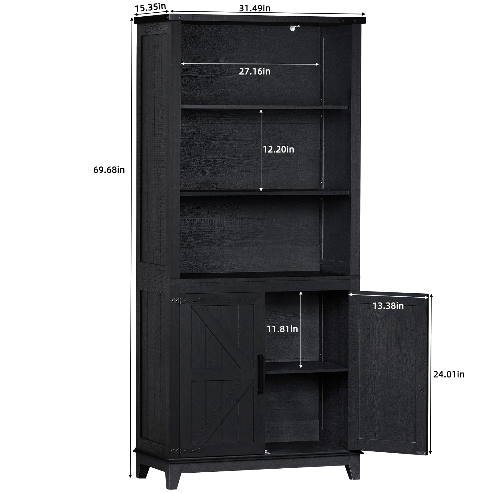 70in Tall Bookshelf 5 Tier Bookcase with Barn Doors and Adjustable Shelves, Blue Farmhouse Book Shelf with Storage Cabinet, Wood Freestanding Display Bookshelves for Bedroom, Living Room | Bookcase, Barn Doors, Adjustable Shelves, Book Shelf, Storage Cabi