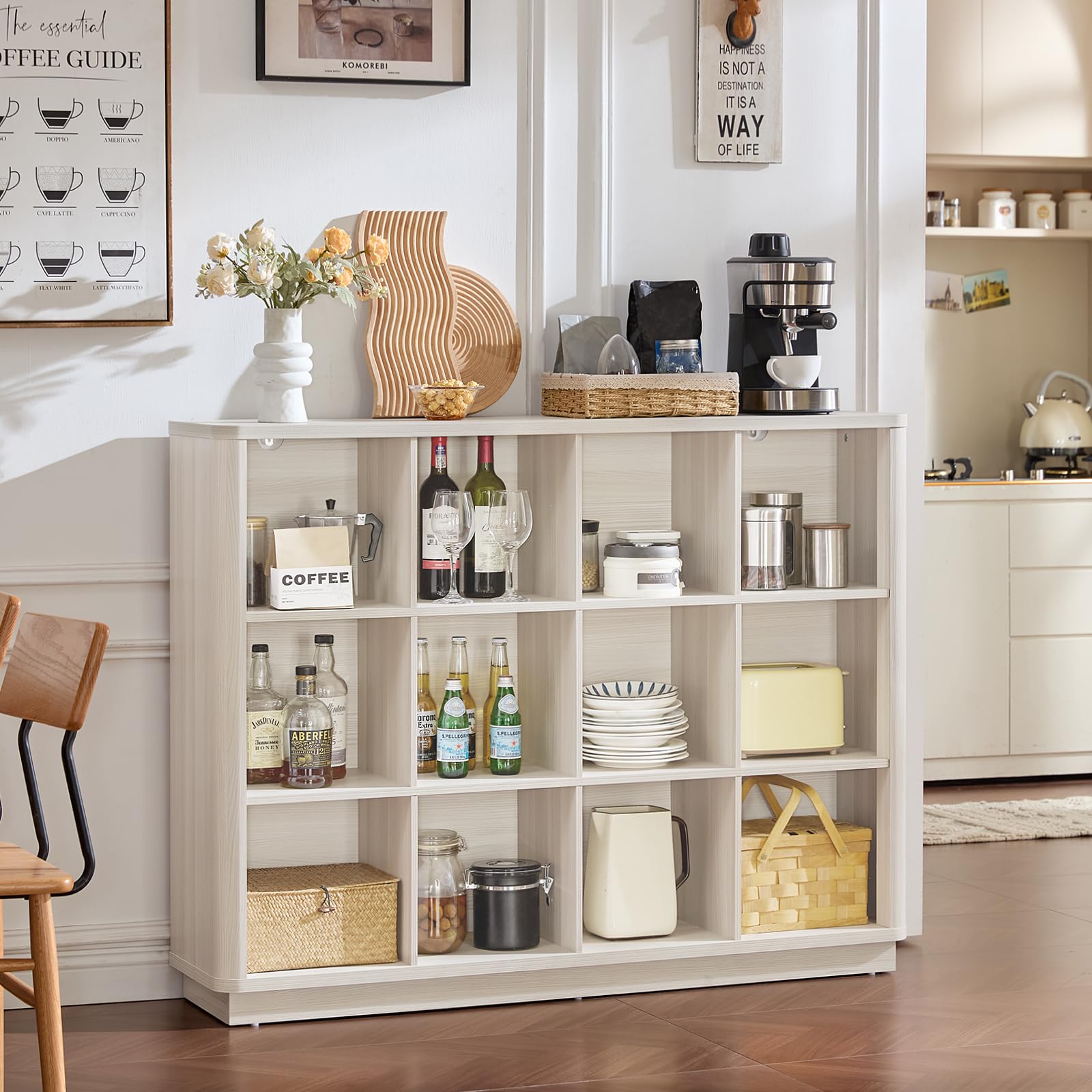 White horizontal cube storage book shelf with open cubbies and sturdy base