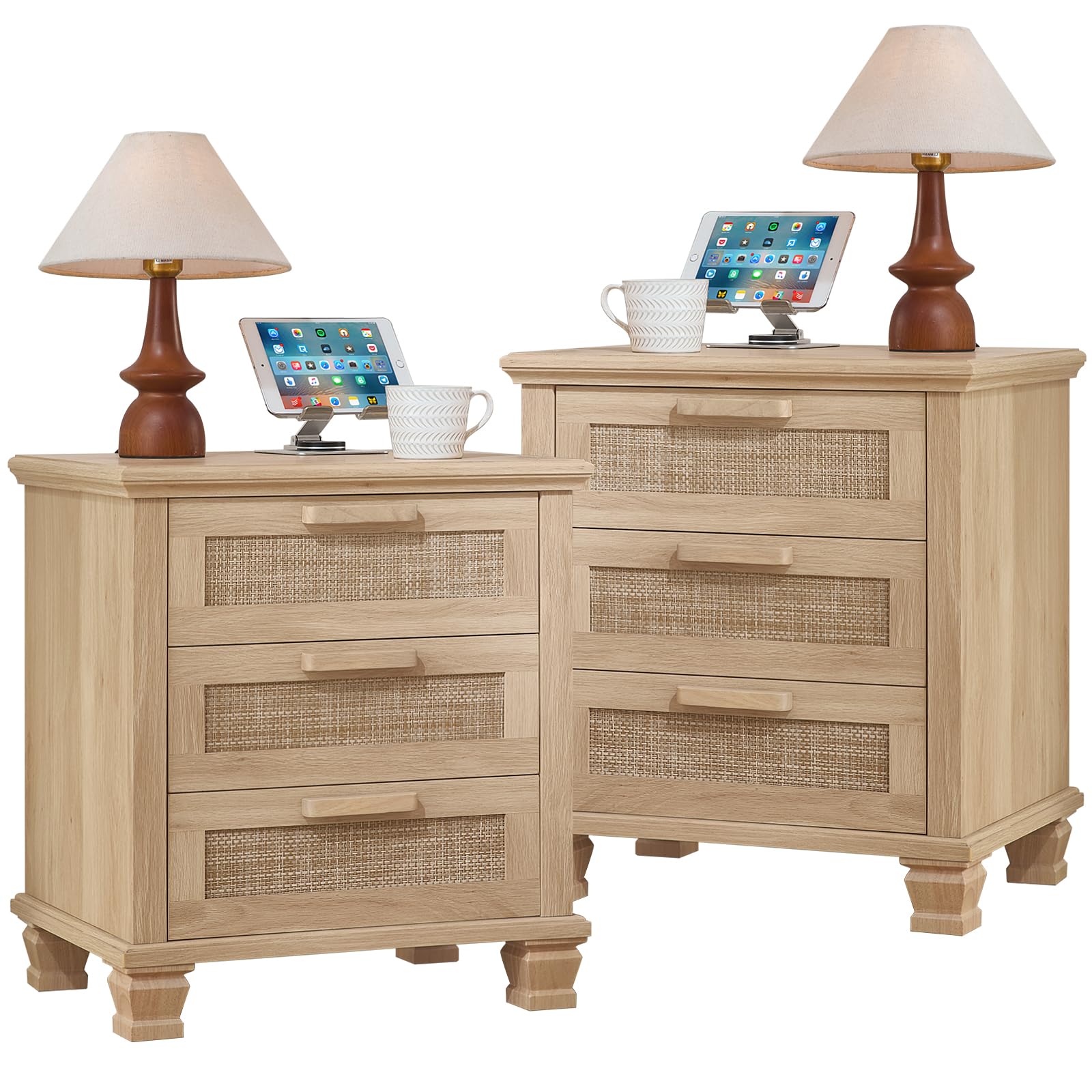 Rattan Nightstand Set of 2 with Drawers, Boho 3 Drawer Dresser, Wood Bedside Tables for Bedroom, Large End Side Tables, Natural Wood