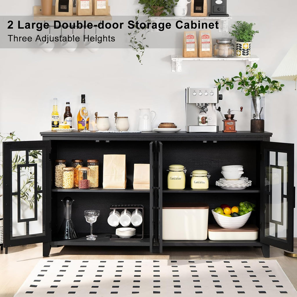 Sideboard buffet cabinet with open shelves and storage, double-door design in dark finish
