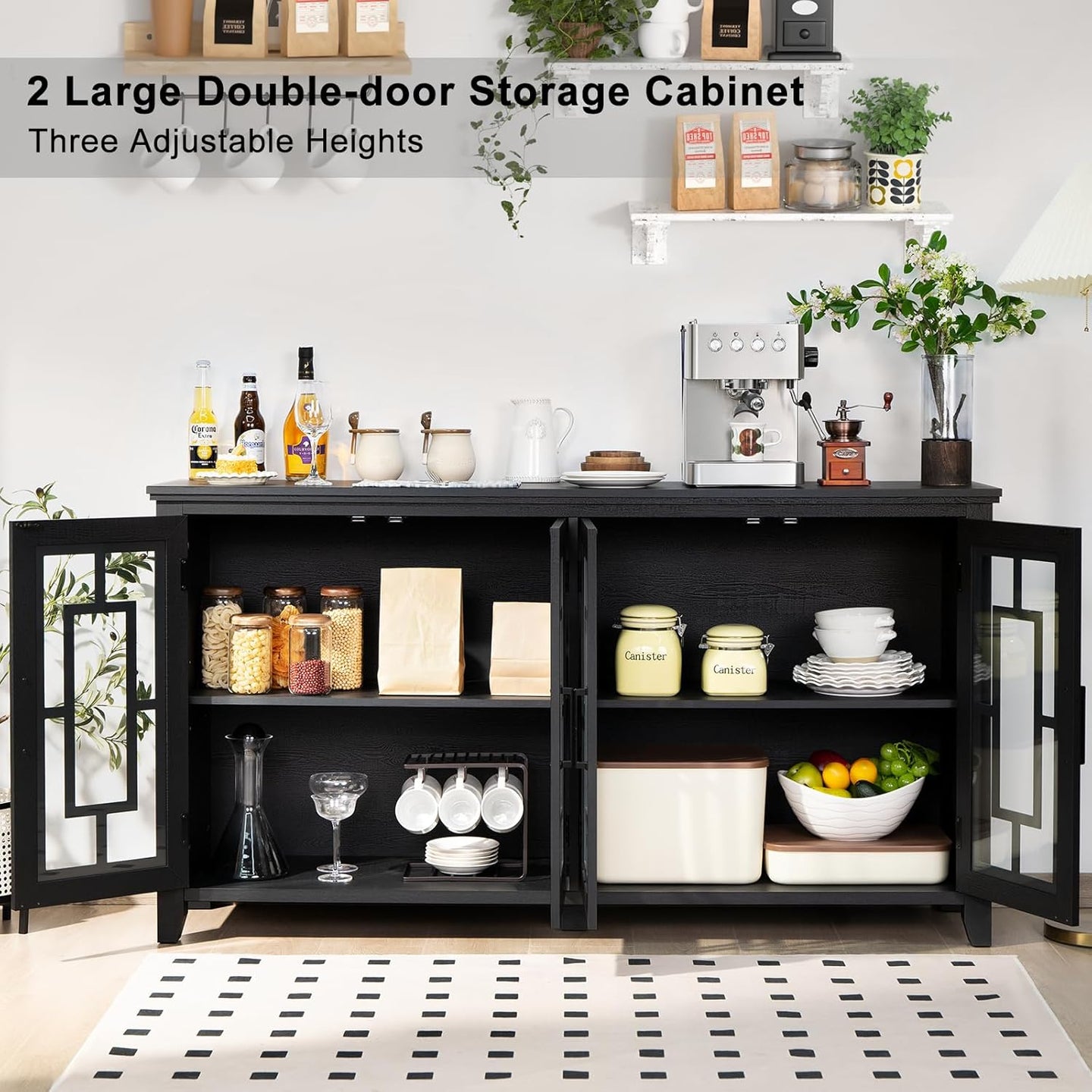 Sideboard buffet cabinet with open shelves and storage, double-door design in dark finish