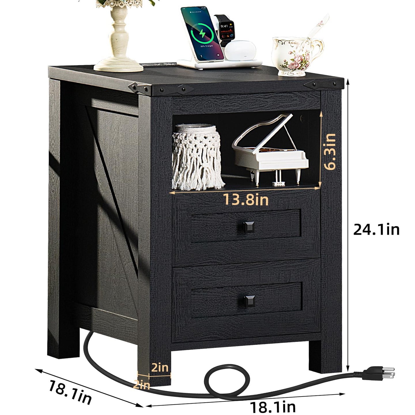 Black nightstand with 2 drawers and open shelf, charging cord shown, side view with measurements.