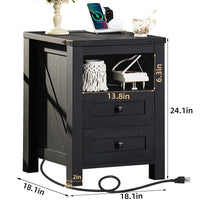 Black nightstand with 2 drawers and open shelf, charging cord shown, side view with measurements.