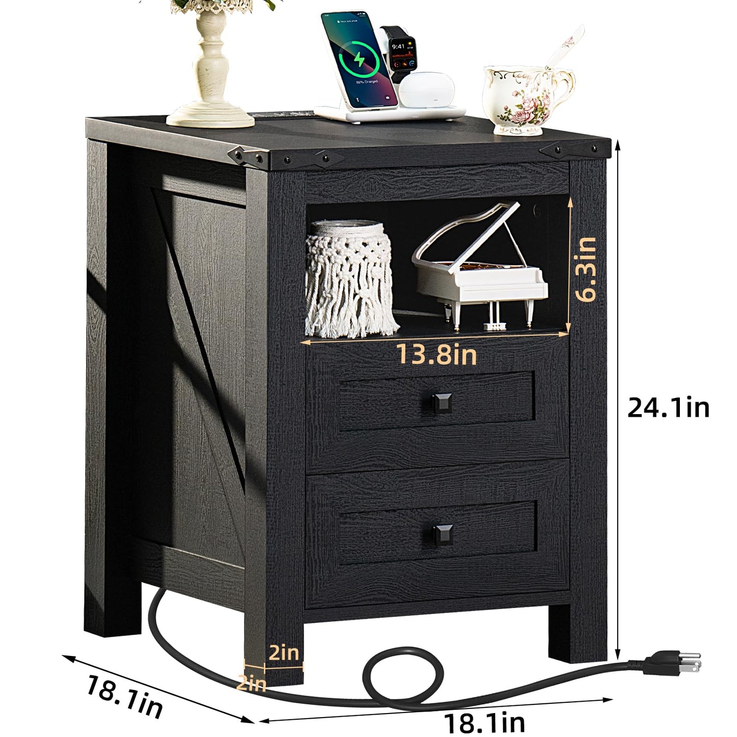 Black nightstand with charging top, 2 drawers, and open shelf storage